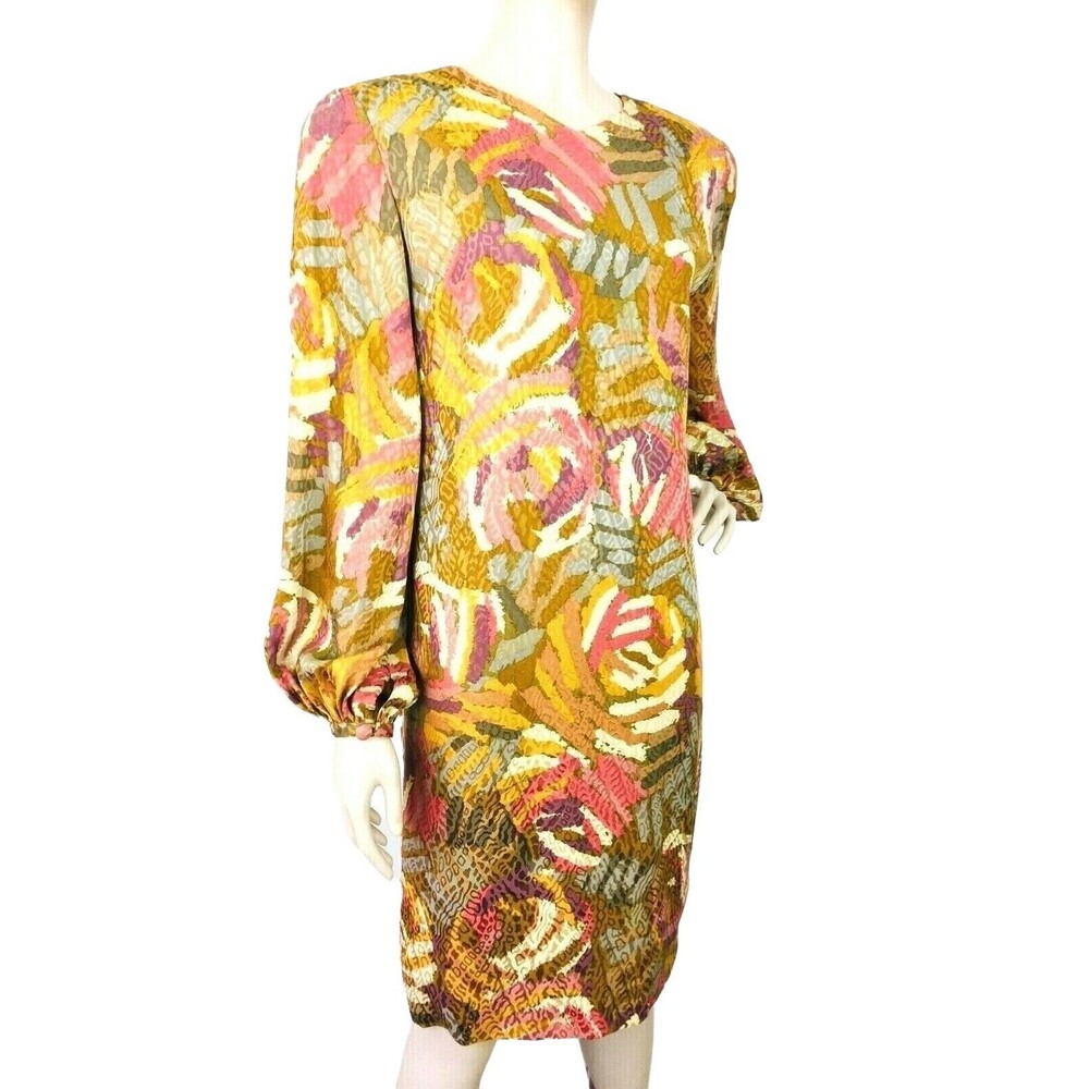 VTG WAYNE KASTNING for HELGA Silk Floral Abstract Balloon Sleeve Dress S/M NEW